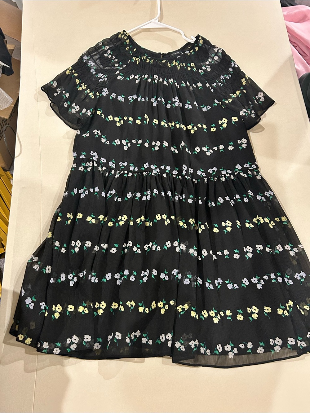 Ann Taylor Black Floral Smocked Neck Dress with Yellow and White Flowers
